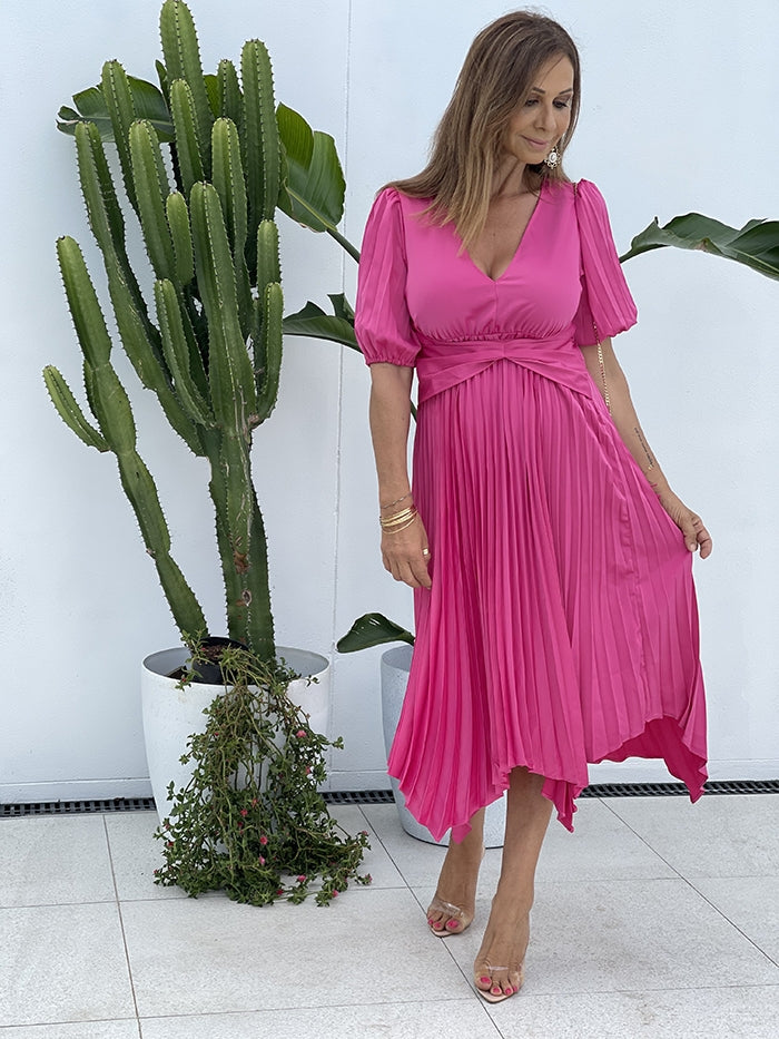Mari Pleated Dress - Hot Pink