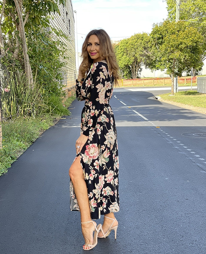Kara Midi Dress - Black Floral Kara Midi Dress - Black Floral