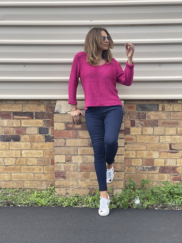 Roll Up Sleeve Knit Top - Hot Pink