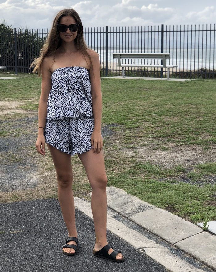 Black and White Leopard Strapless Playsuit