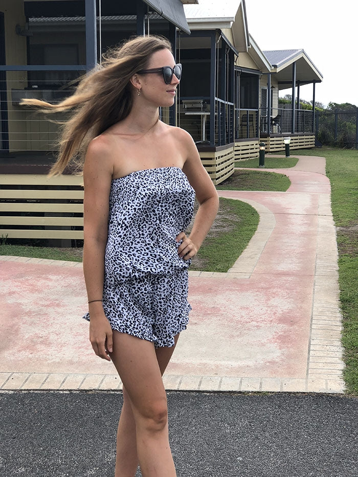 Black and White Leopard Strapless Playsuit