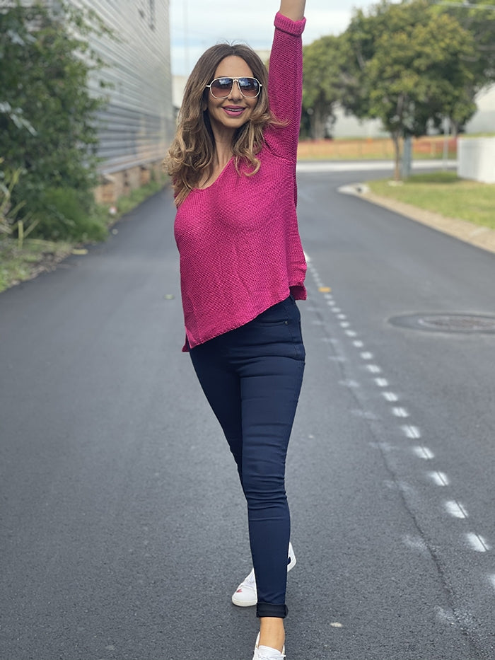 Roll Up Sleeve Knit Top - Hot Pink