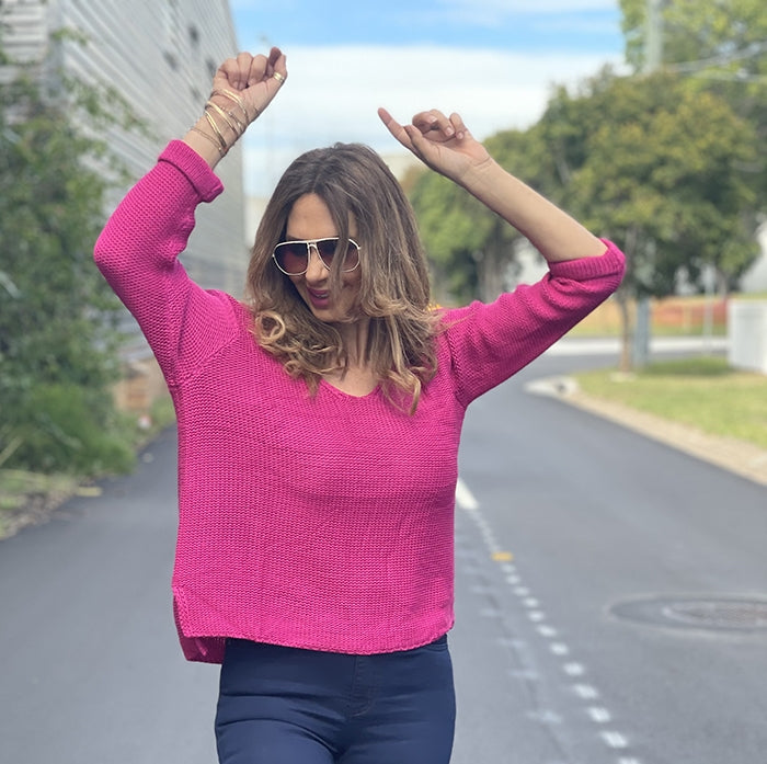 Roll Up Sleeve Knit Top - Hot Pink