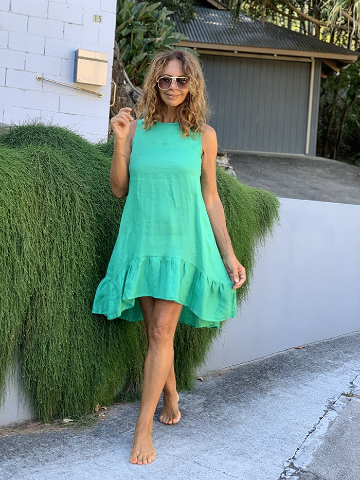 Green Linen Frill Hem Dress