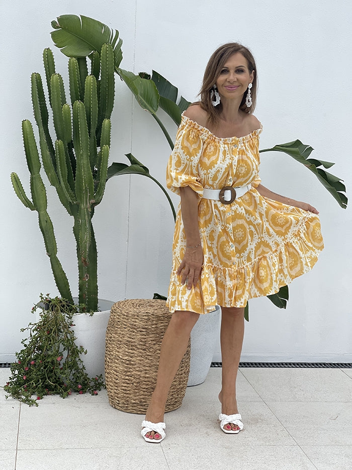 Alex Ikat Linen Dress - Yellow