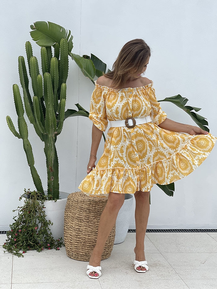 Alex Ikat Linen Dress - Yellow