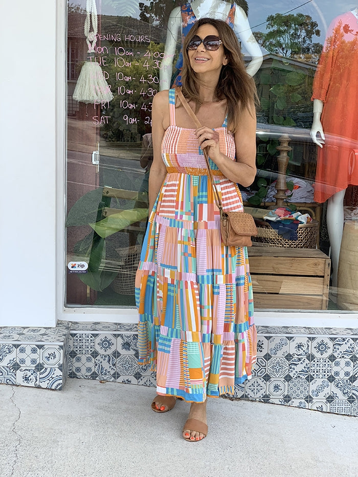 Retro Pastel Strappy Midi Dress