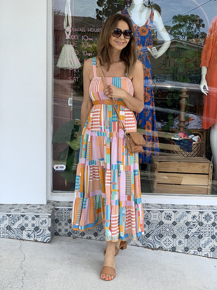 Retro Pastel Strappy Midi Dress