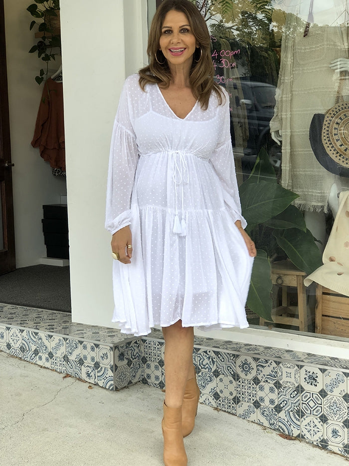 Longsleeve Drawstring Dress - White Dot