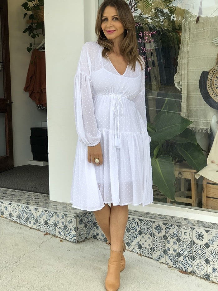 Longsleeve Drawstring Dress - White Dot