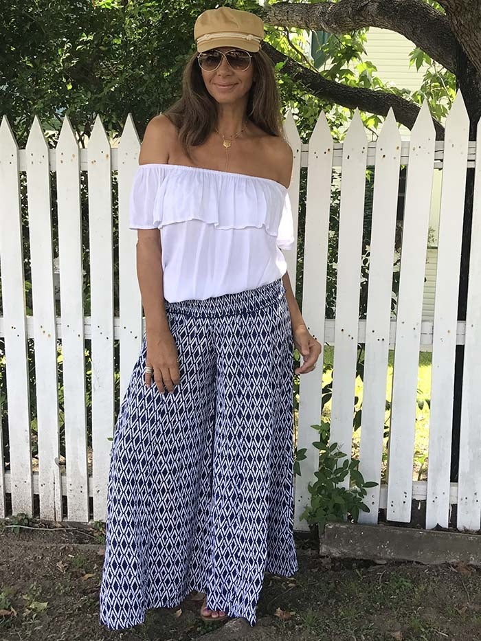 pants wide leg navy ikat pattrn elas waist