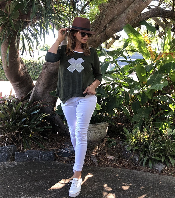 Khaki Sequin Cross Top