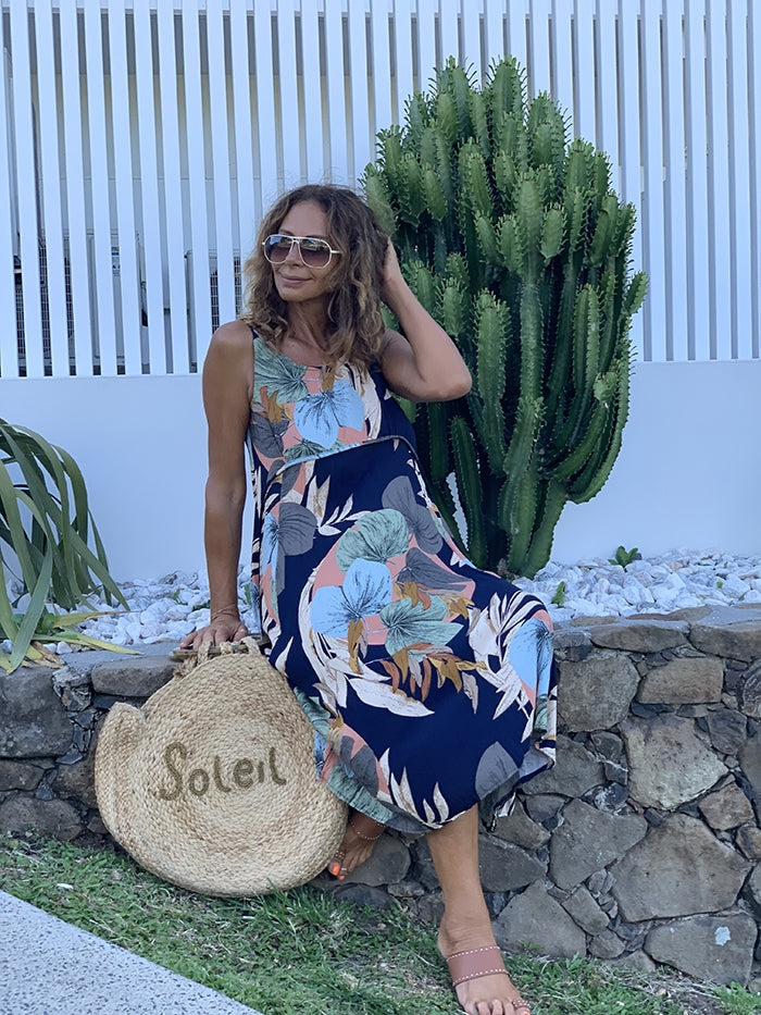 Navy Palm Midi Dress