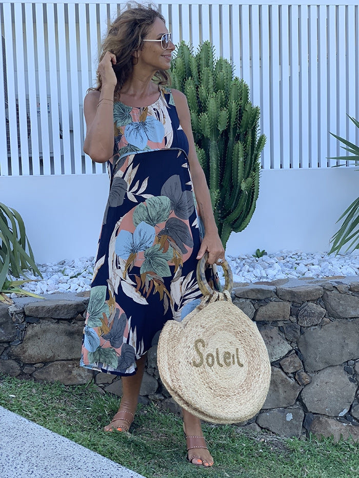 Navy Palm Midi Dress