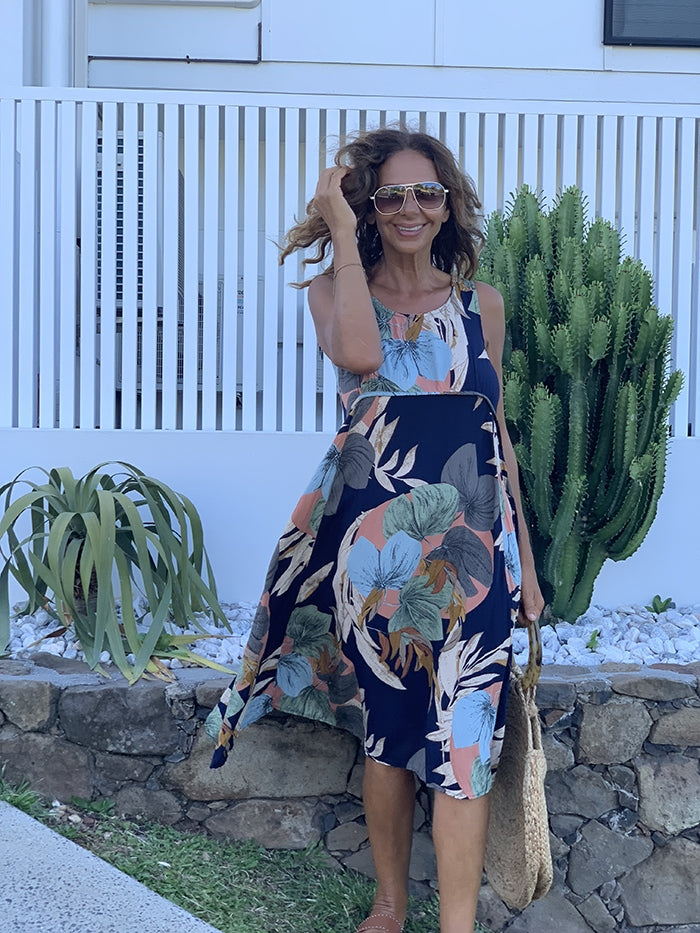 Navy Palm Midi Dress