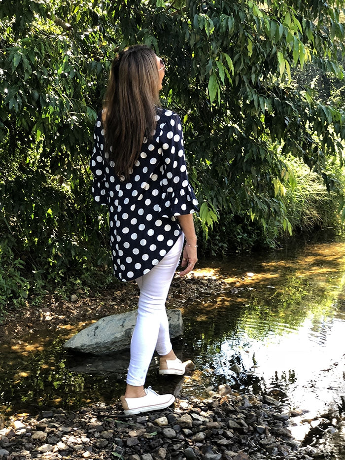 Navy Dot Tail Back Top