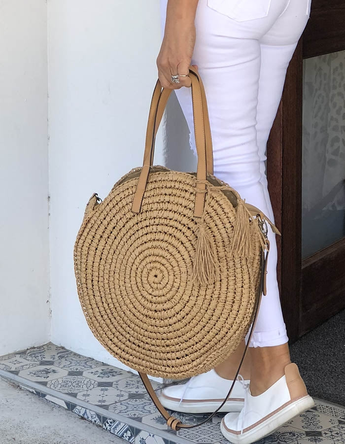 Round Woven Bag with Strap - Tan