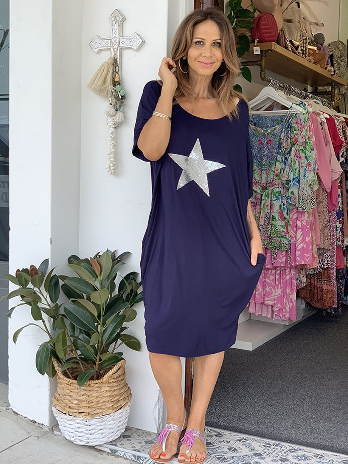 Navy Star Sequin Jersey Dress