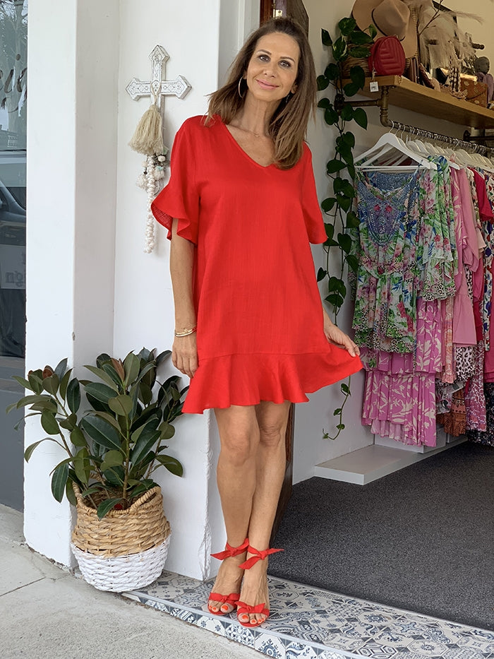 Francesca Ruffle Dress - Red