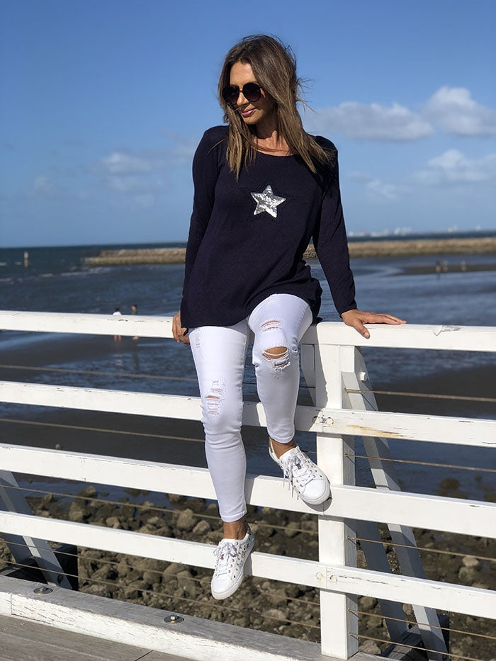 Star Sequin Knit Top - Navy