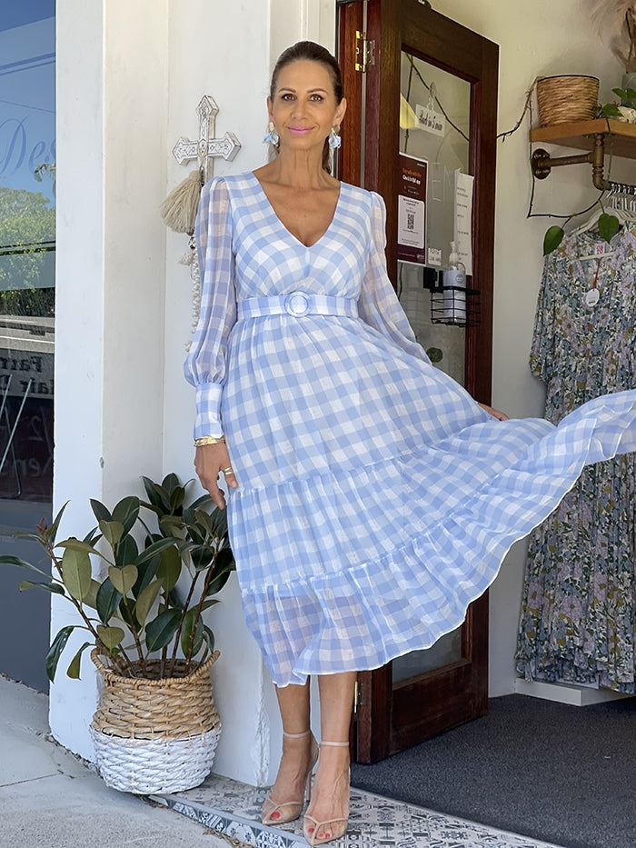 Louisa Blue Check Midi Dress