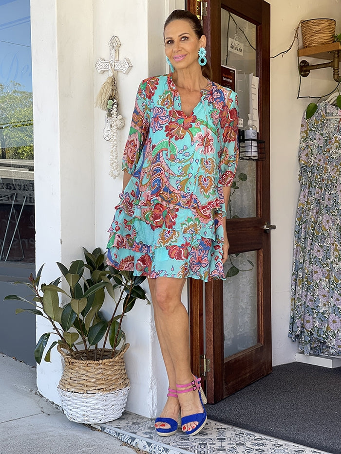 Nadia Bright Print Dress - Aqua