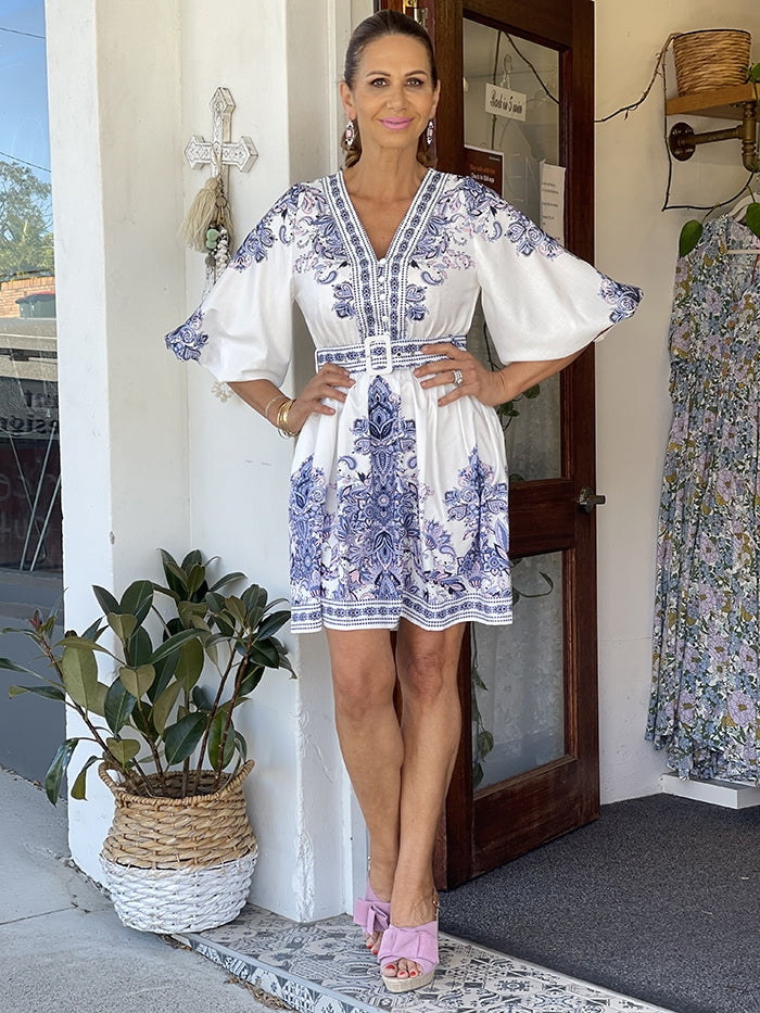 Kasmira Dress - White and Blue