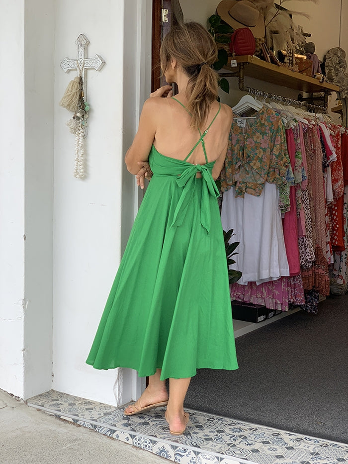 Green Linen Cross Back Dress