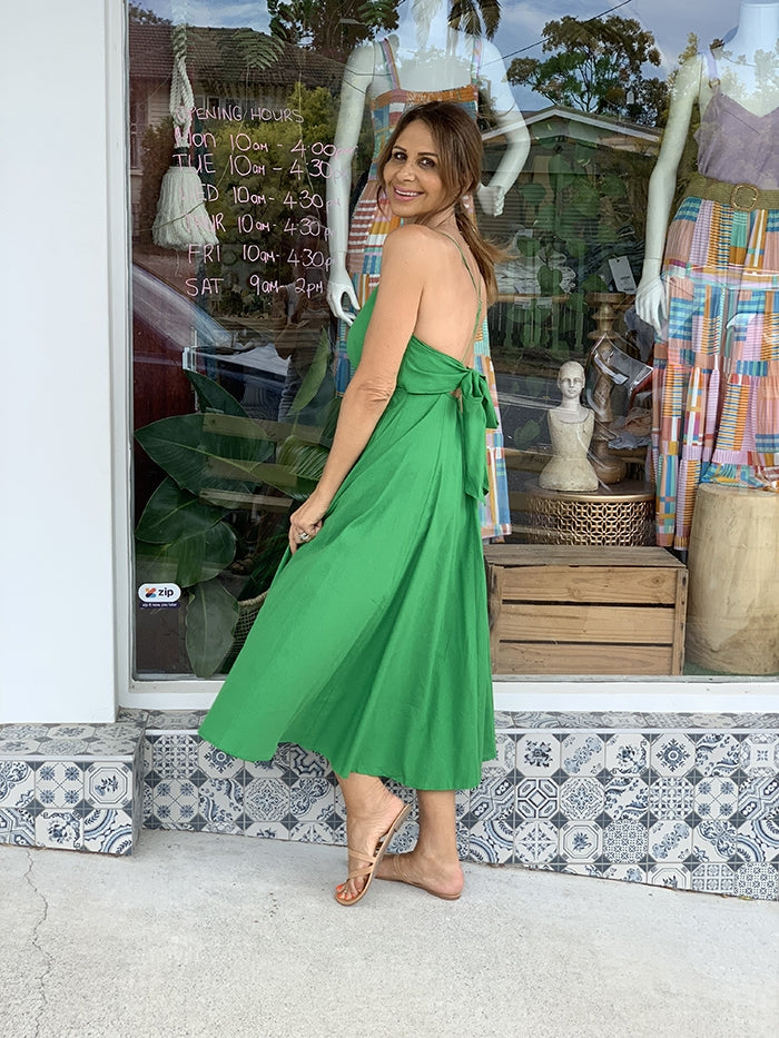 Green Linen Cross Back Dress