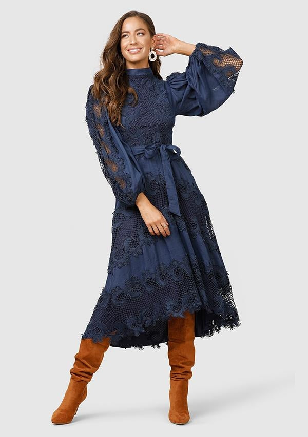 Victoriana Lace Midi Dress - Indigo