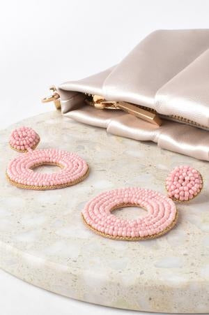 Metallic Edged Bead Ring Drop Earrings - Light Pink