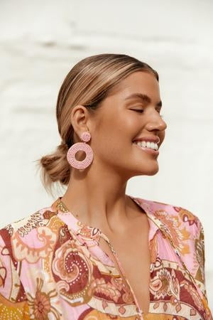 Metallic Edged Bead Ring Drop Earrings - Mid Pink