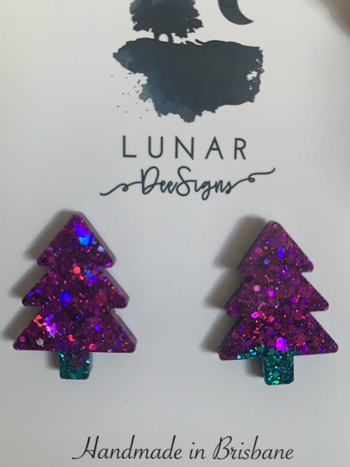 Christmas Tree Earrings - Pink and Teal