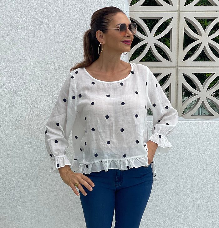 White and Navy Spot Top