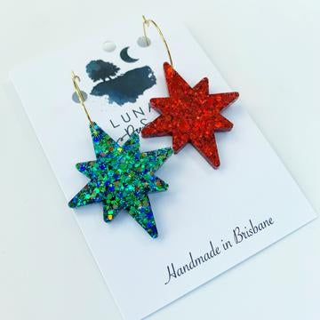 Christmas Star Earrings - Emerald and Ruby
