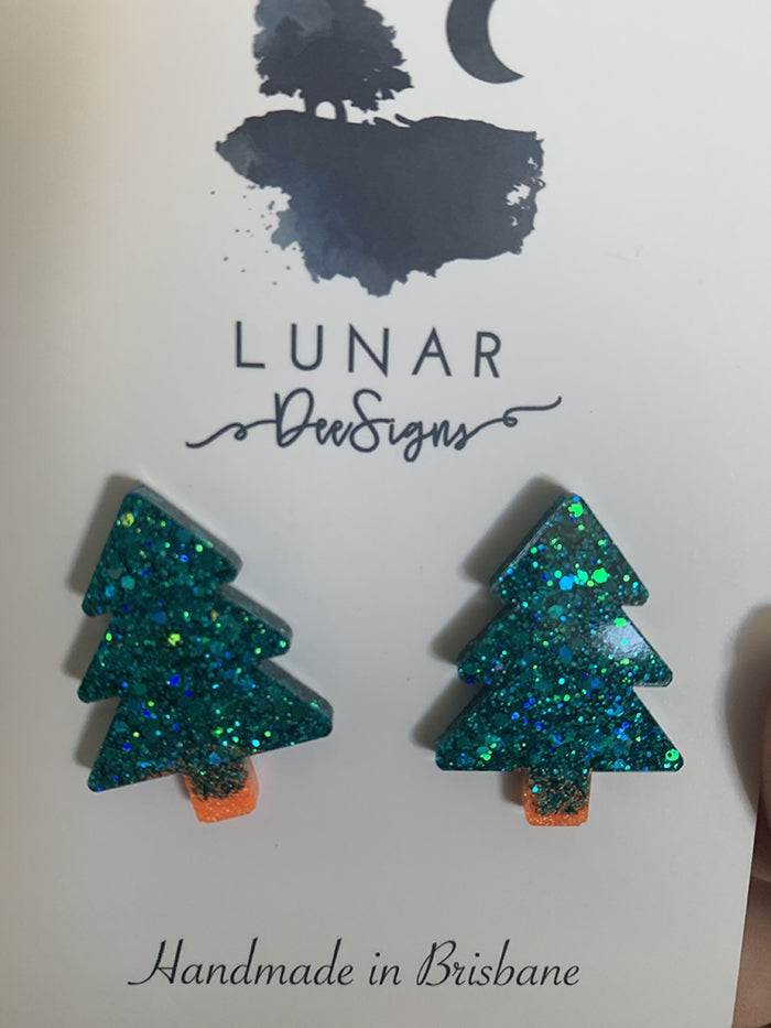 Christmas Tree Earrings - Teal and Orange
