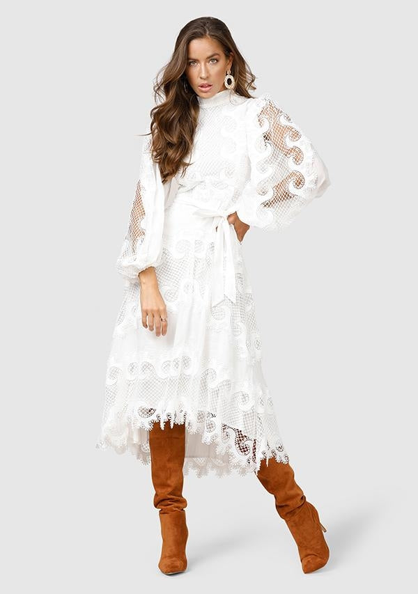 Victoriana Lace Midi Dress - White