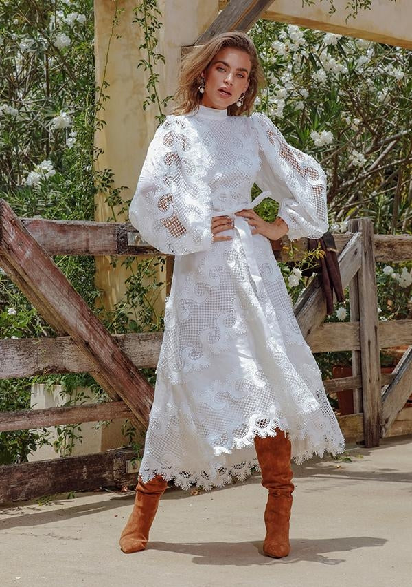 Victoriana Lace Midi Dress - White